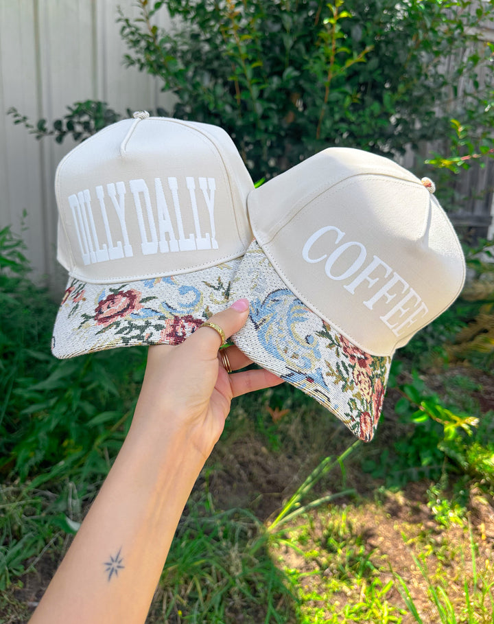 COFFEE Tan/ Light Vintage Floral Canvas Trucker Hat