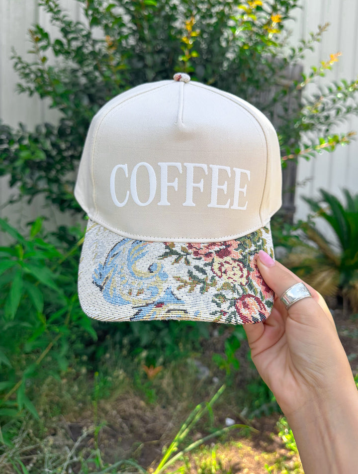 COFFEE Tan/ Light Vintage Floral Canvas Trucker Hat