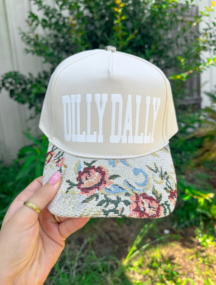 Dilly Dally Tan/ Light Vintage Floral Canvas Trucker Hat