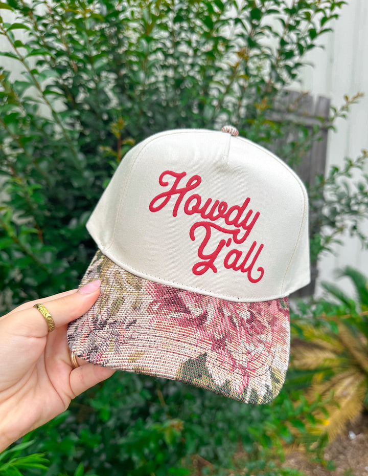 Howdy Y'all Red Vintage Floral Canvas Trucker Hat