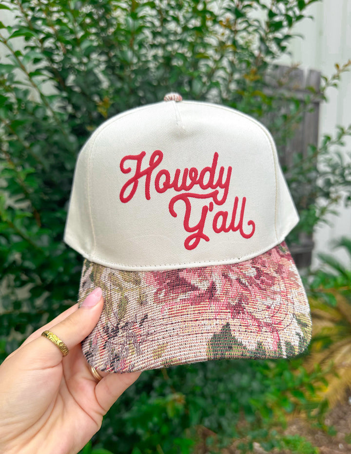 Howdy Y'all Red Vintage Floral Canvas Trucker Hat