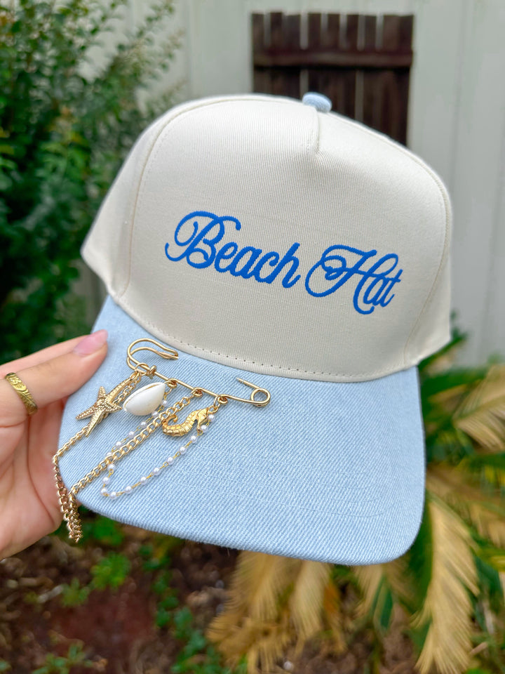 Beach Hat Cursive Cream/ Light Denim Canvas Trucker