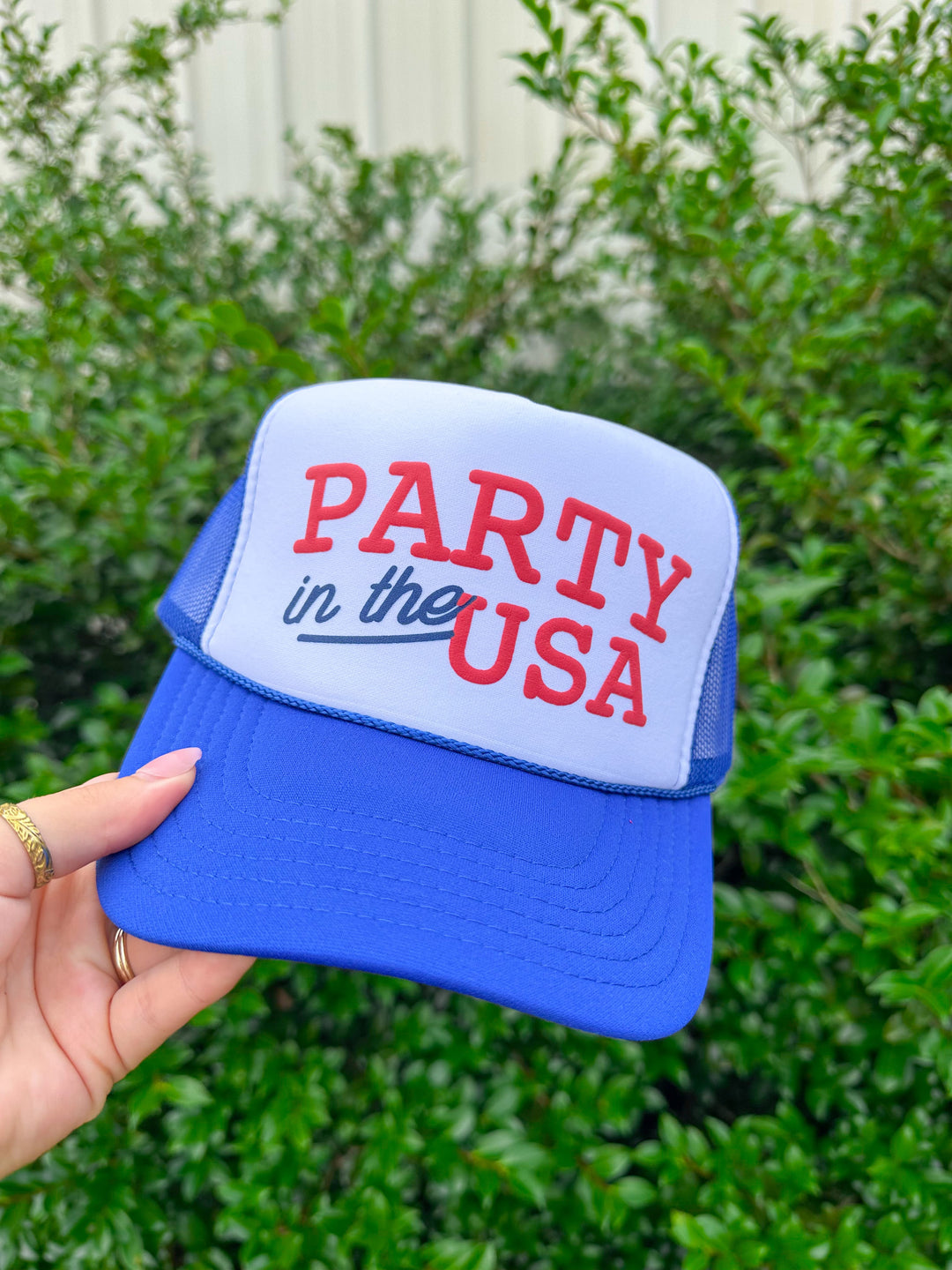 Party In The USA White/Royal Blue Trucker Hat