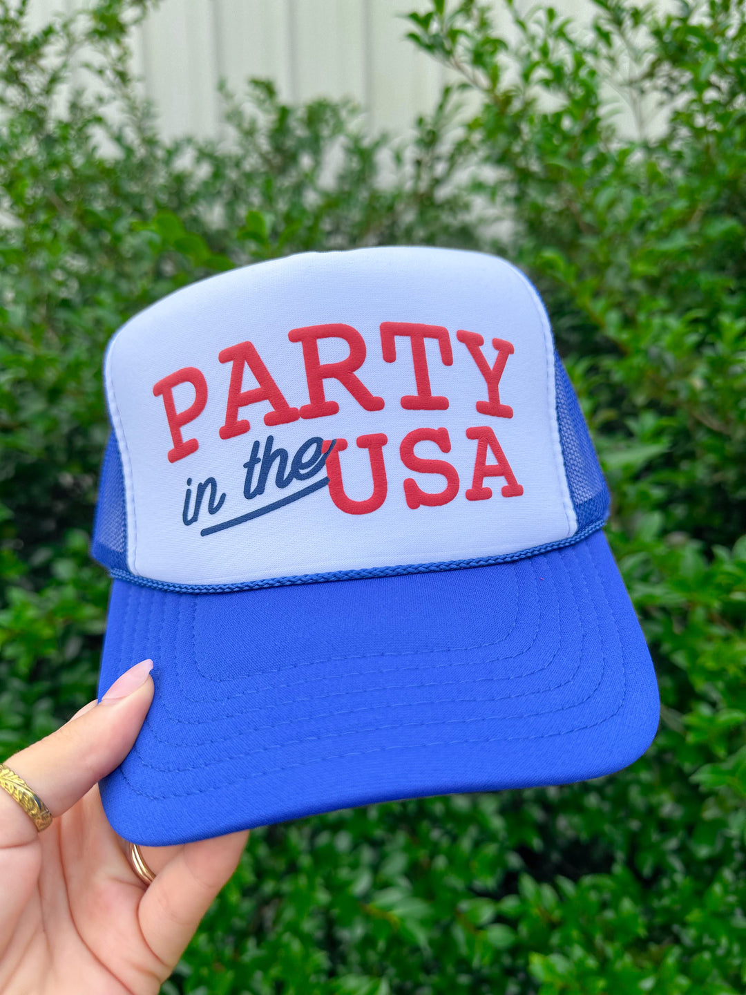Party In The USA White/Royal Blue Trucker Hat