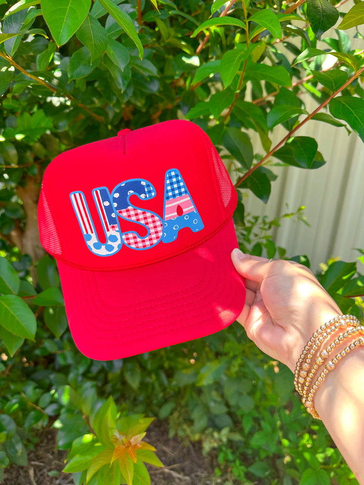 USA Girly Patchwork Red Trucker Hat