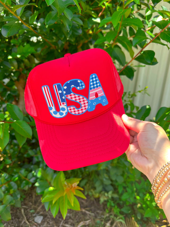USA Girly Patchwork Red Trucker Hat
