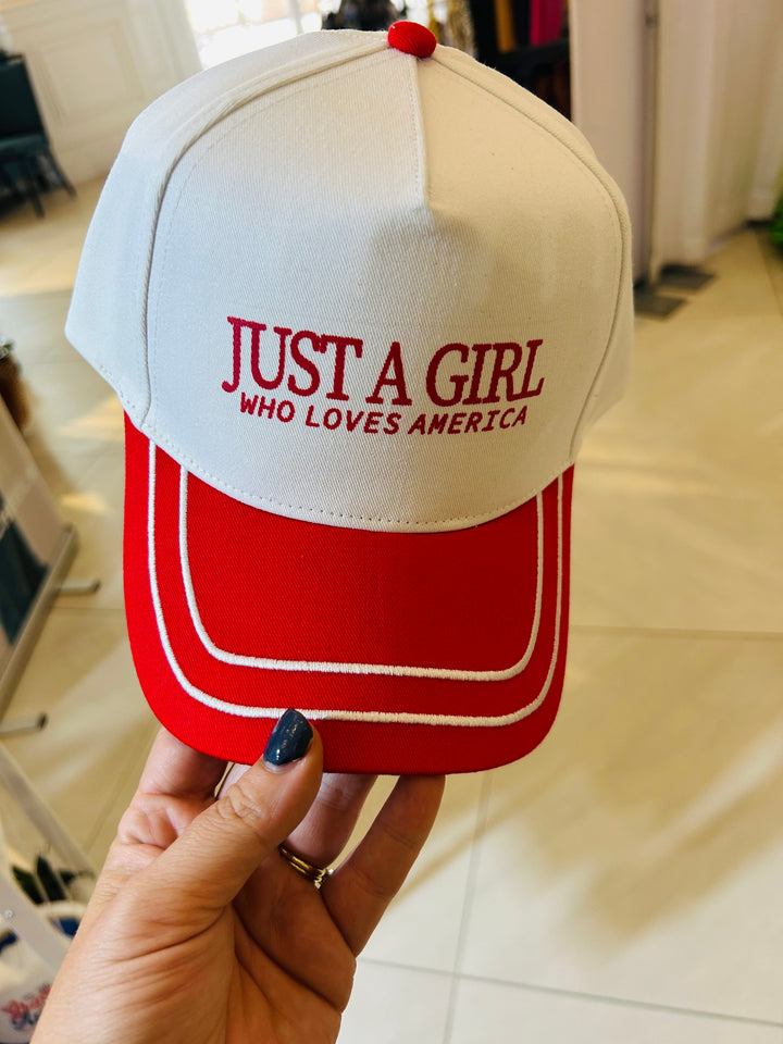 Just a Girl Loves America White/Red Canvas Trucker Hat