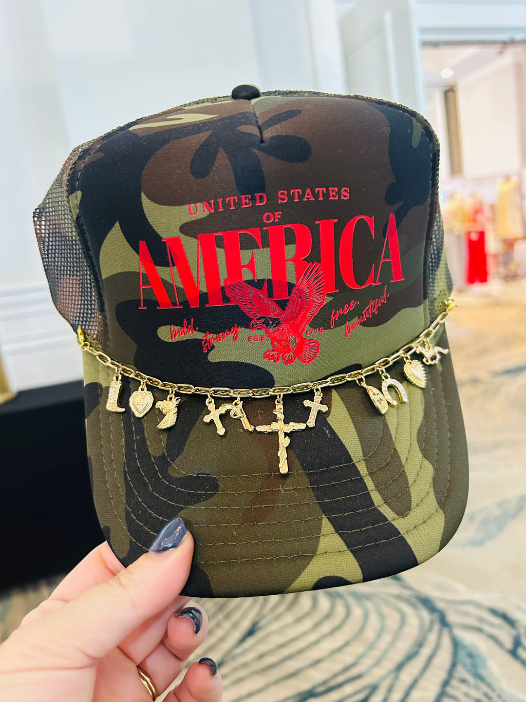 America (red font) Full Camo Trucker Hat
