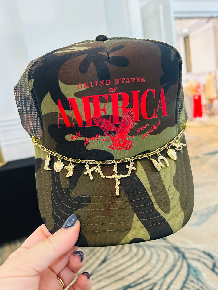 America (red font) Full Camo Trucker Hat