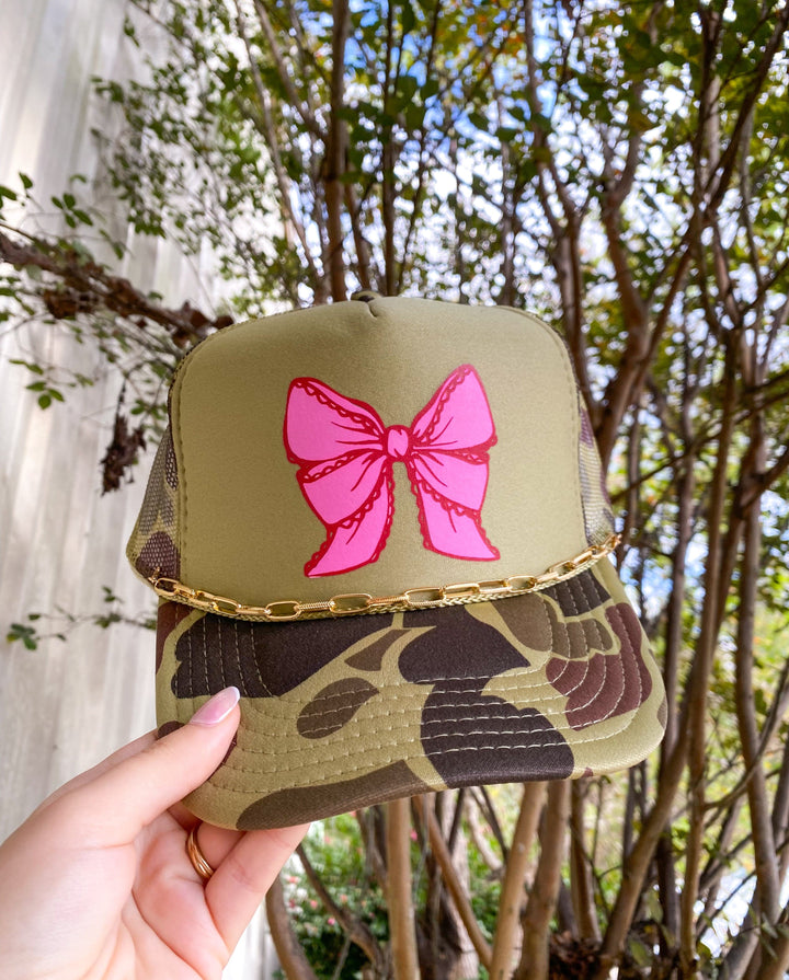 Pink Lace Bow Two Toned Camo Trucker