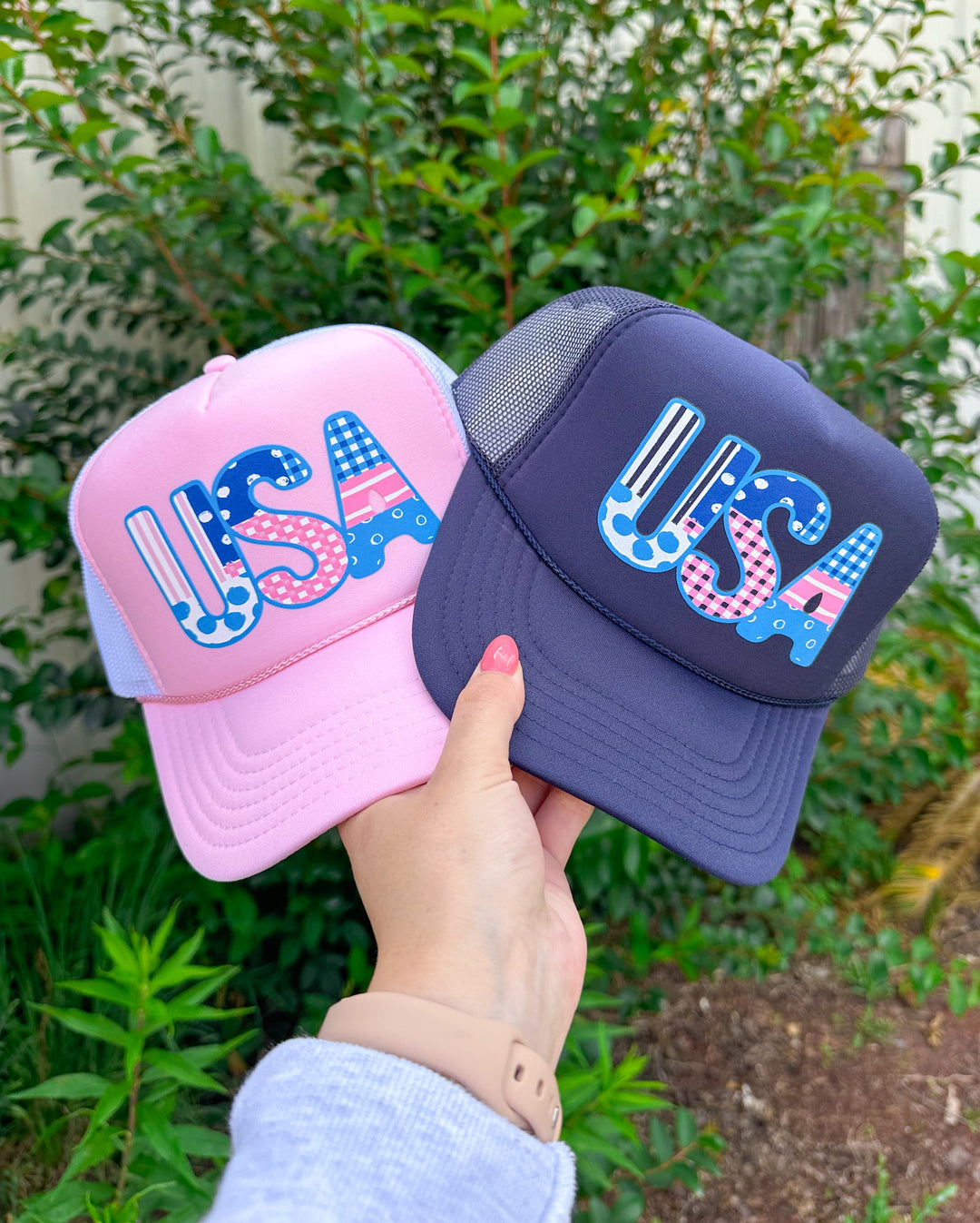 USA Girly Patchwork Light Pink/White Trucker Hat