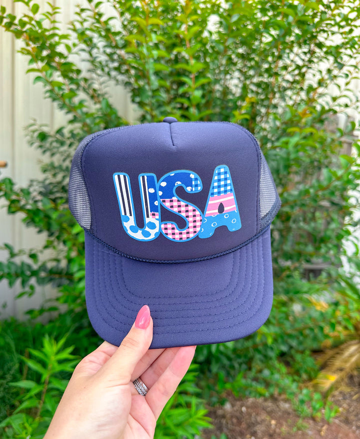 USA Girly Patchwork Navy Trucker Hat