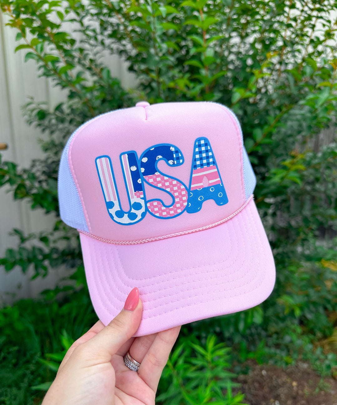 USA Girly Patchwork Light Pink/White Trucker Hat