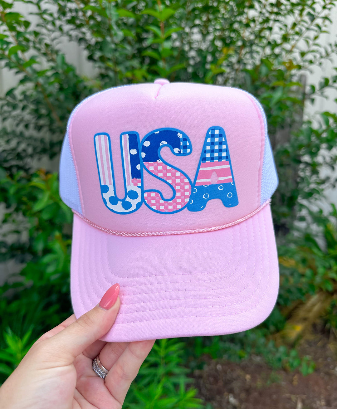 USA Girly Patchwork Light Pink/White Trucker Hat
