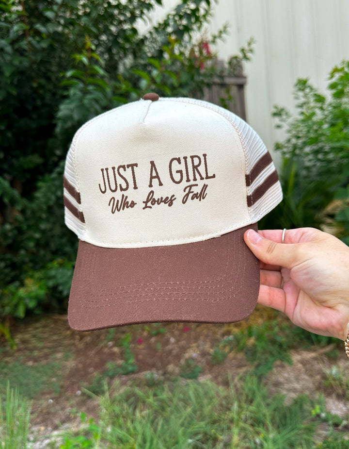 Just a Girl who Loves Fall Brown striped canvas Trucker Hat