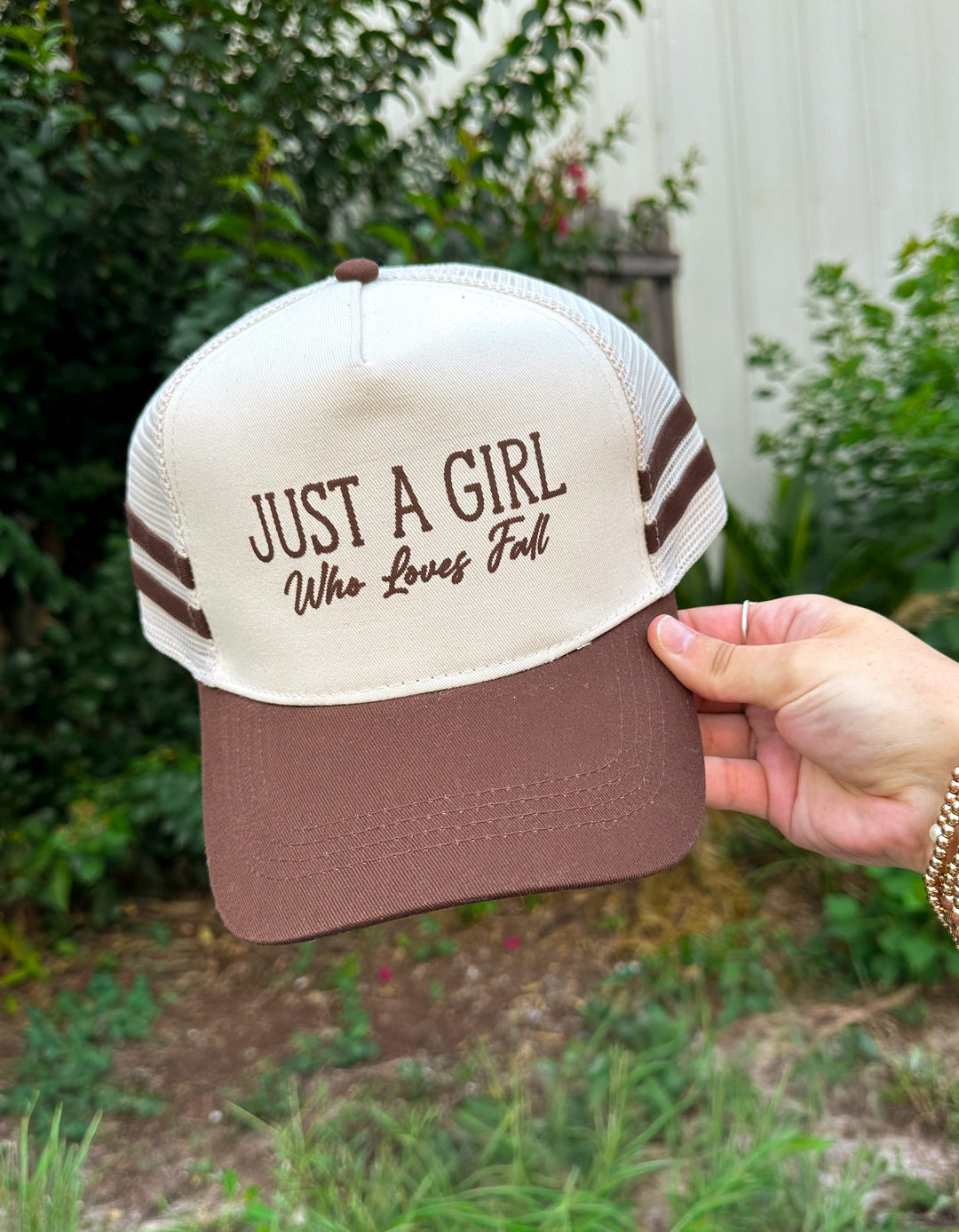 Just a Girl who Loves Fall Brown striped canvas Trucker Hat