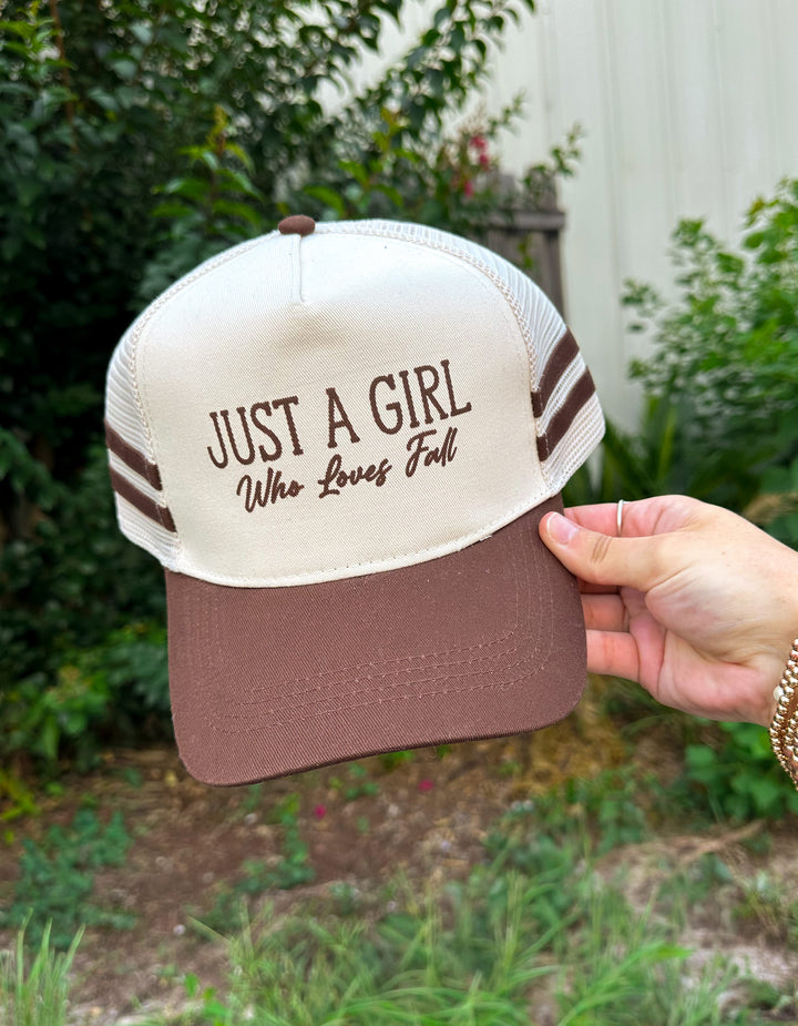 Just a Girl who Loves Fall Brown striped canvas Trucker Hat
