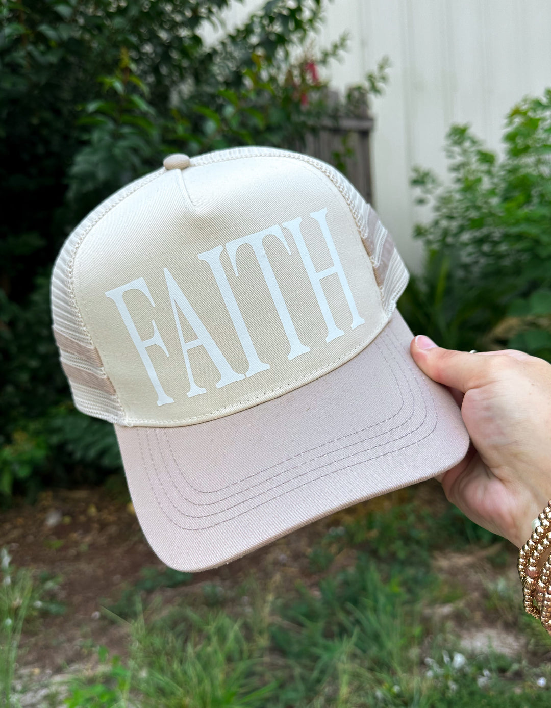 FAITH Tan Striped Canvas Trucker Hat