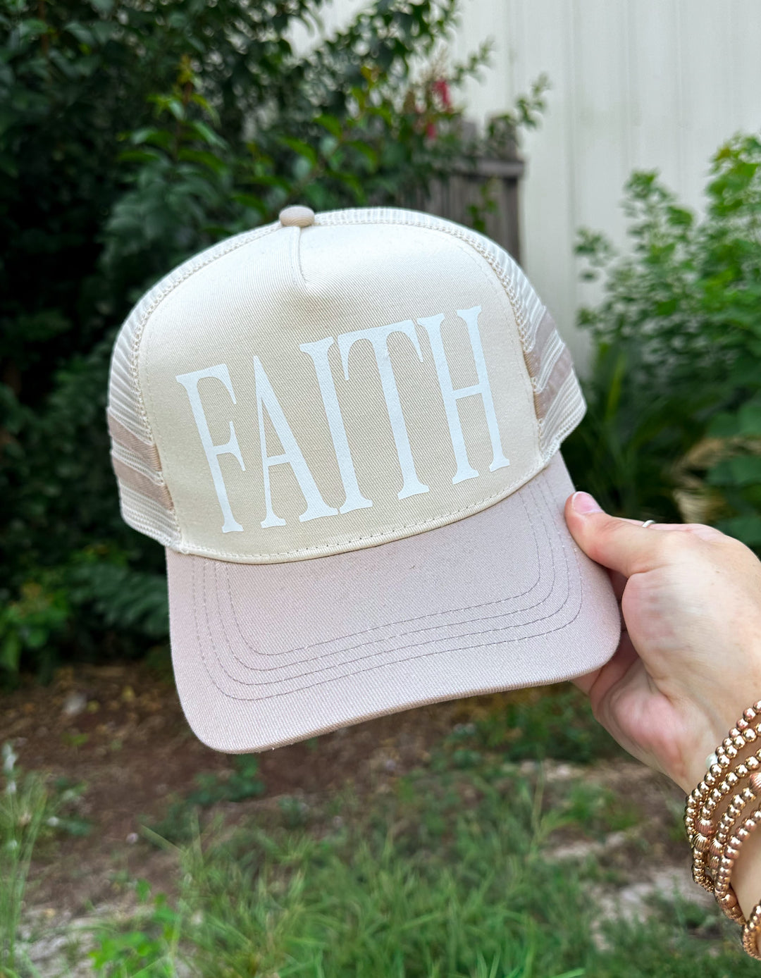 FAITH Tan Striped Canvas Trucker Hat