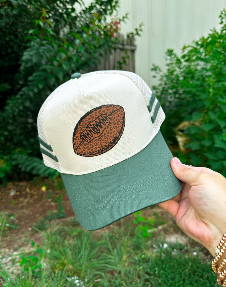 Leopard Football Dark Green Striped Canvas Trucker Hat