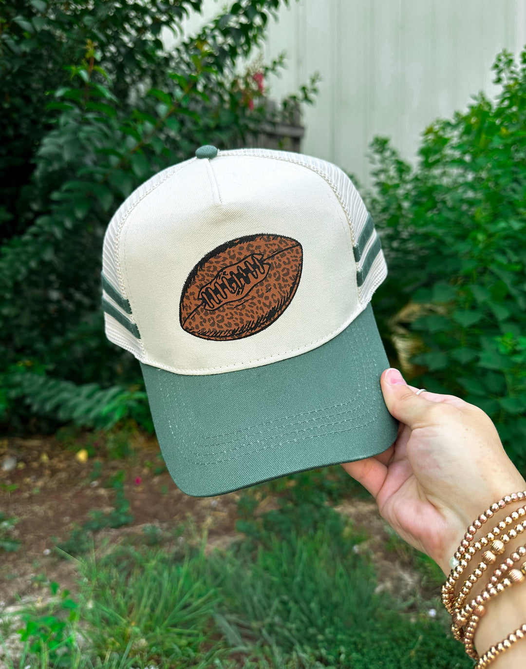 Leopard Football Dark Green Striped Canvas Trucker Hat