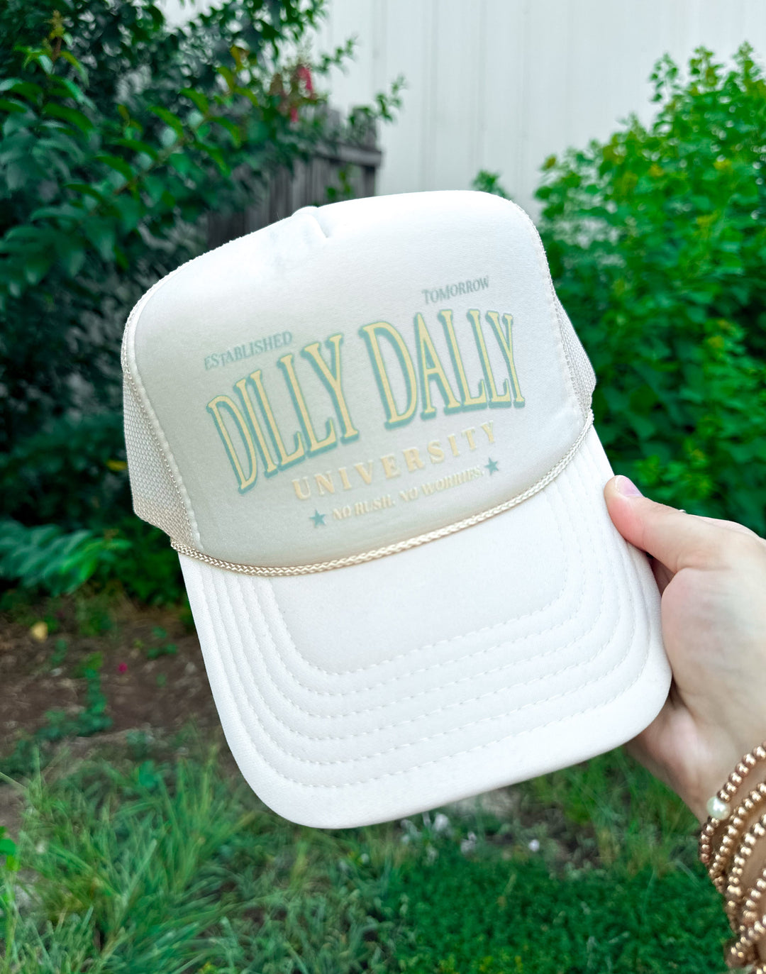 Dilly Dally University Cream Trucker Hat