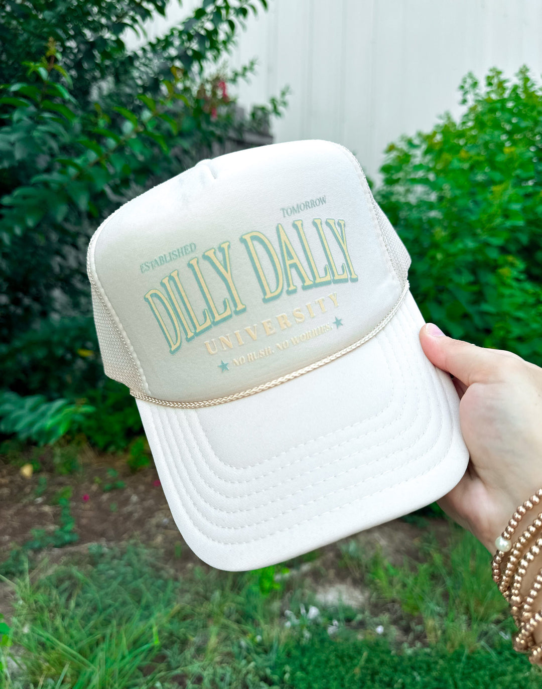 Dilly Dally University Cream Trucker Hat