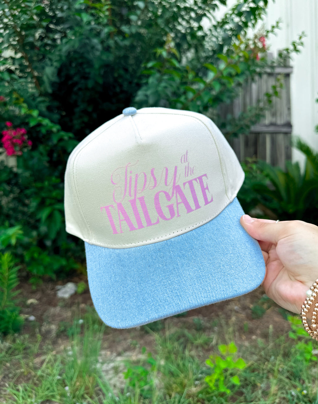 Tipsy at the Tailgate (pink font) Light Denim Canvas Trucker