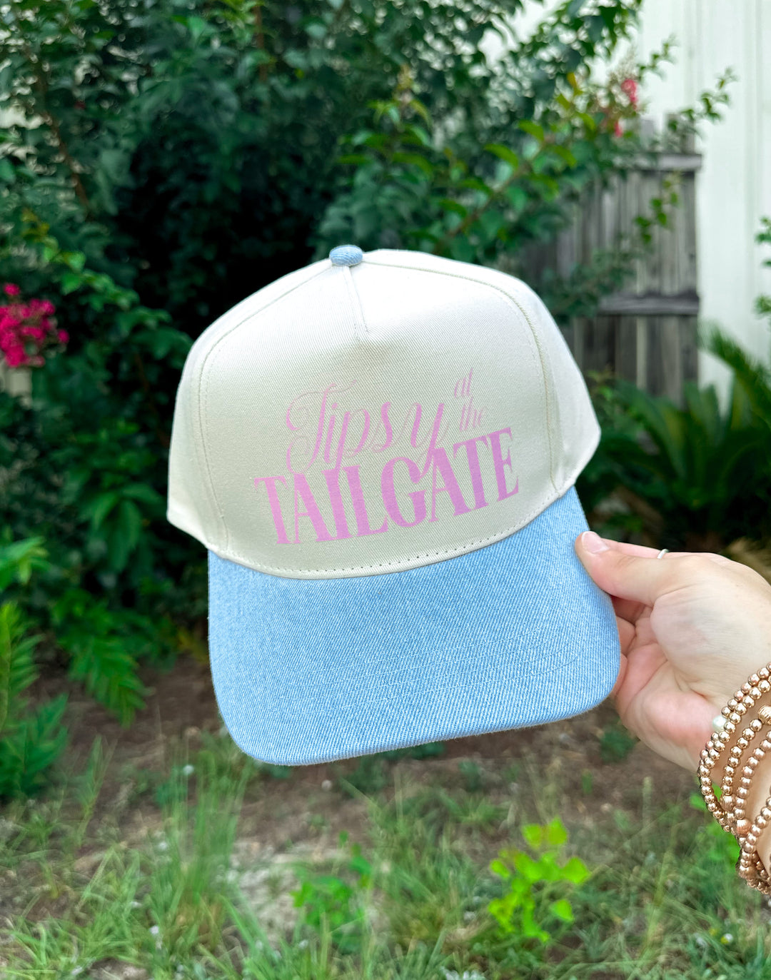 Tipsy at the Tailgate (pink font) Light Denim Canvas Trucker