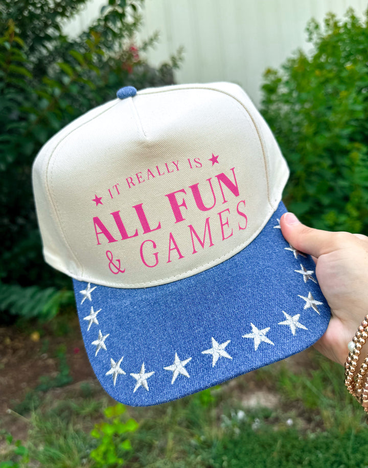 All Fun & Games (pink font) Dark Denim Star Canvas Trucker