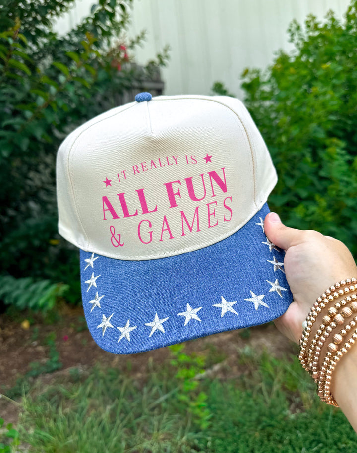 All Fun & Games (pink font) Dark Denim Star Canvas Trucker
