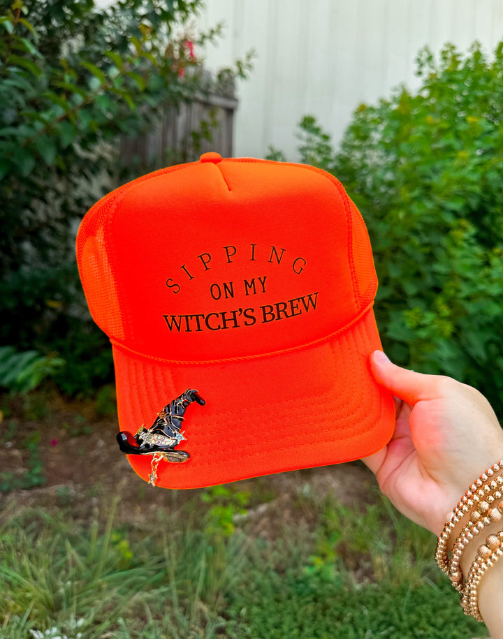 Sipping On My Witch's Brew Neon Orange Trucker