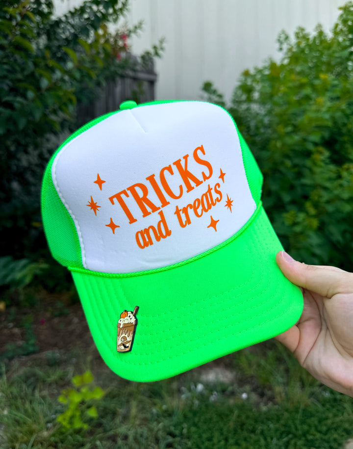 Tricks and Treats White/ Neon Green Trucker