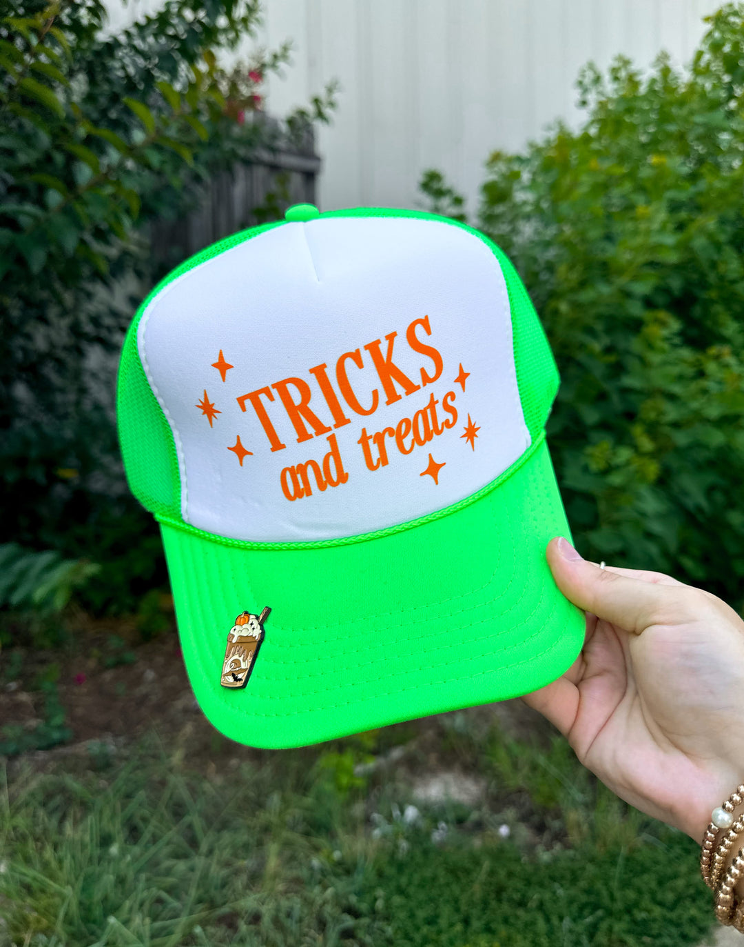 Tricks and Treats White/ Neon Green Trucker