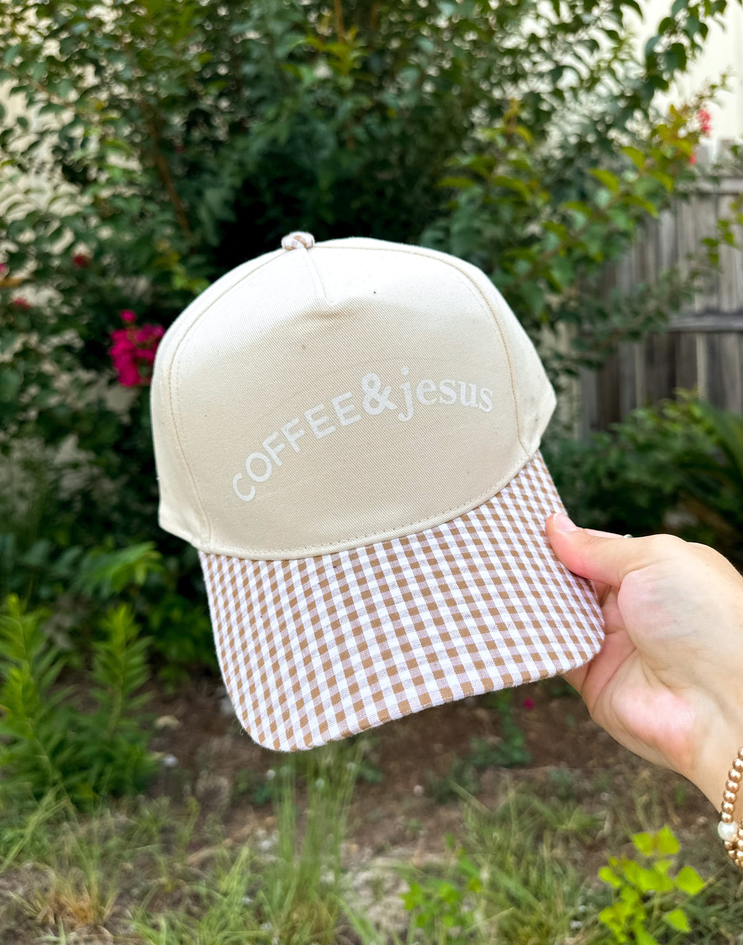 Coffee & Jesus Khaki/Brown Checkered Trucker Hat