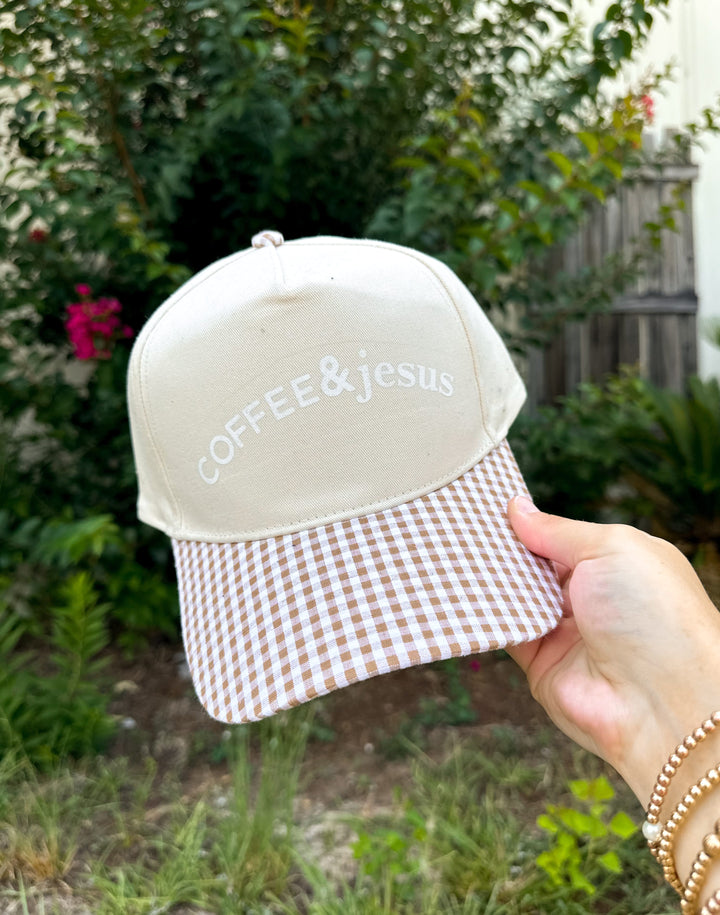 Coffee & Jesus Khaki/Brown Checkered Trucker Hat