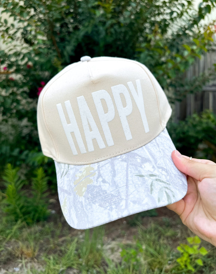 HAPPY Tan/Washed Camo Canvas Trucker Hat