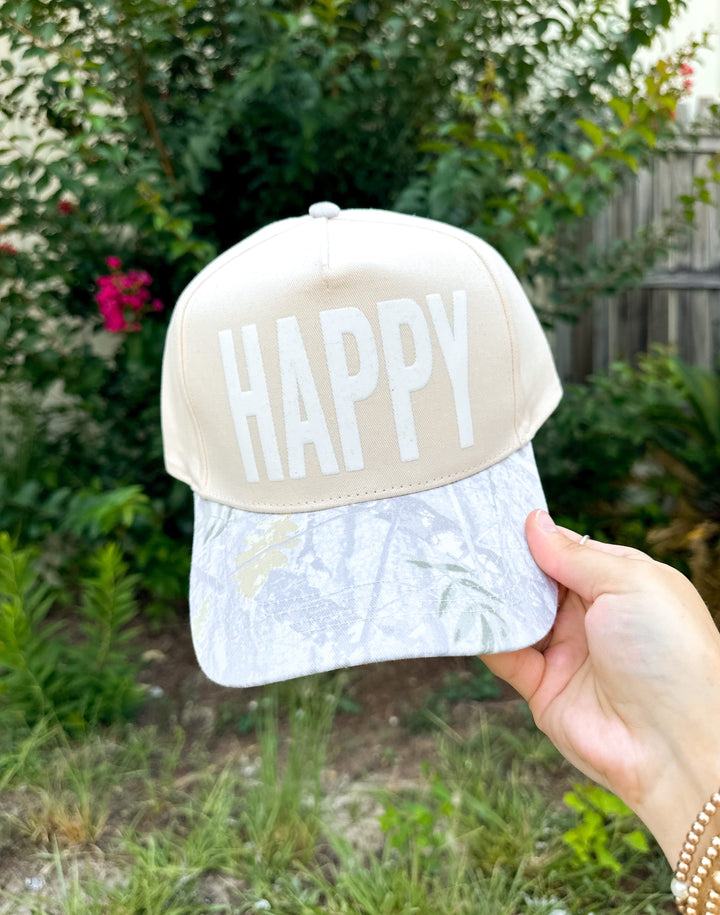 HAPPY Tan/Washed Camo Canvas Trucker Hat