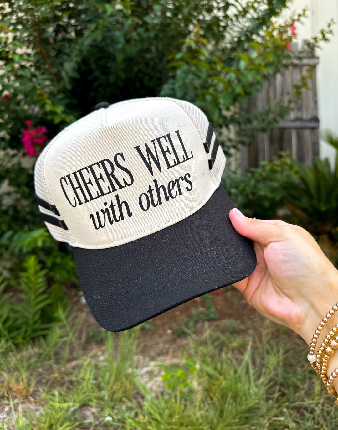 Cheers Well With Others Black Striped Canvas Trucker Hat