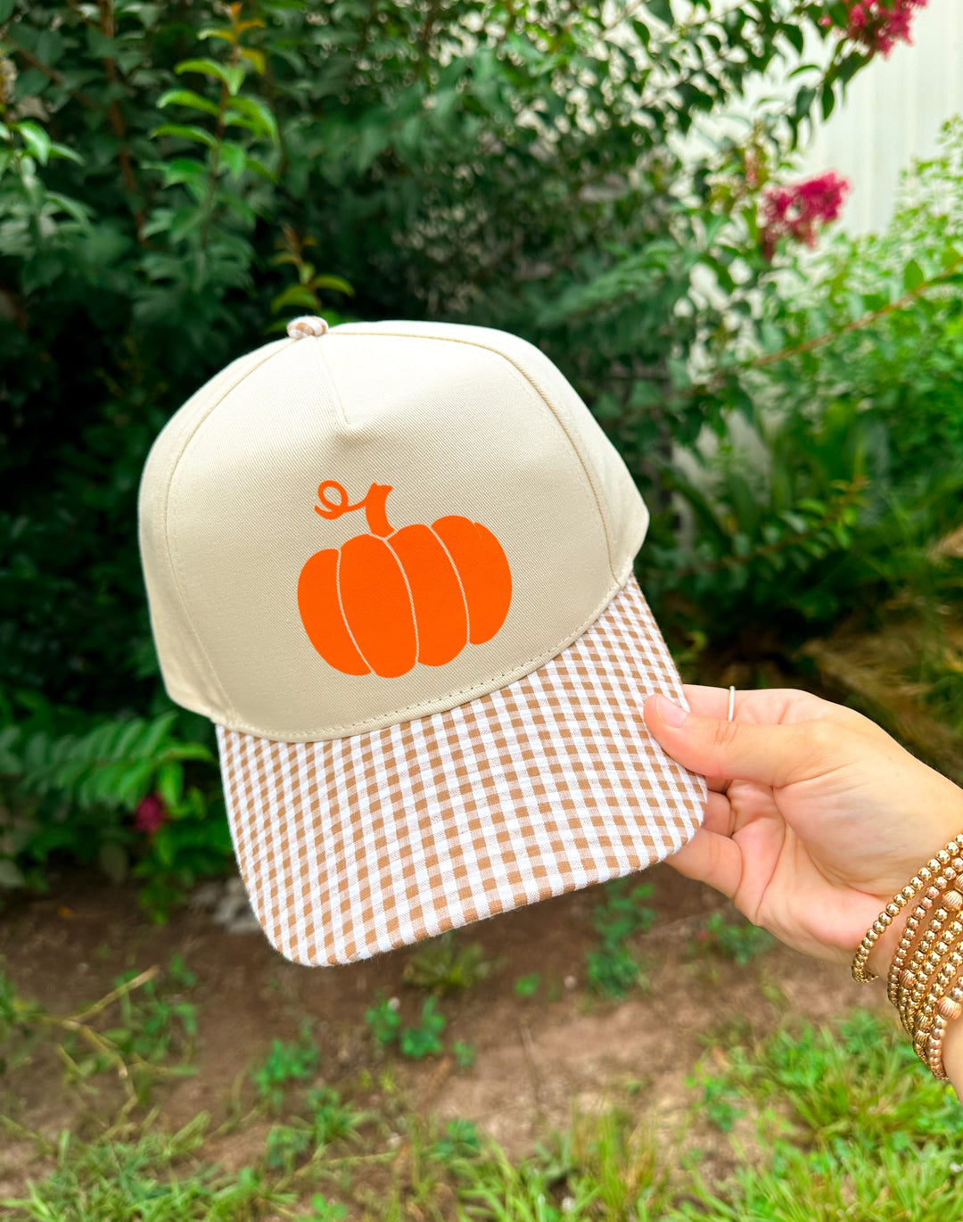 Orange Pumpkin Khaki/Brown Checkered Trucker Hat