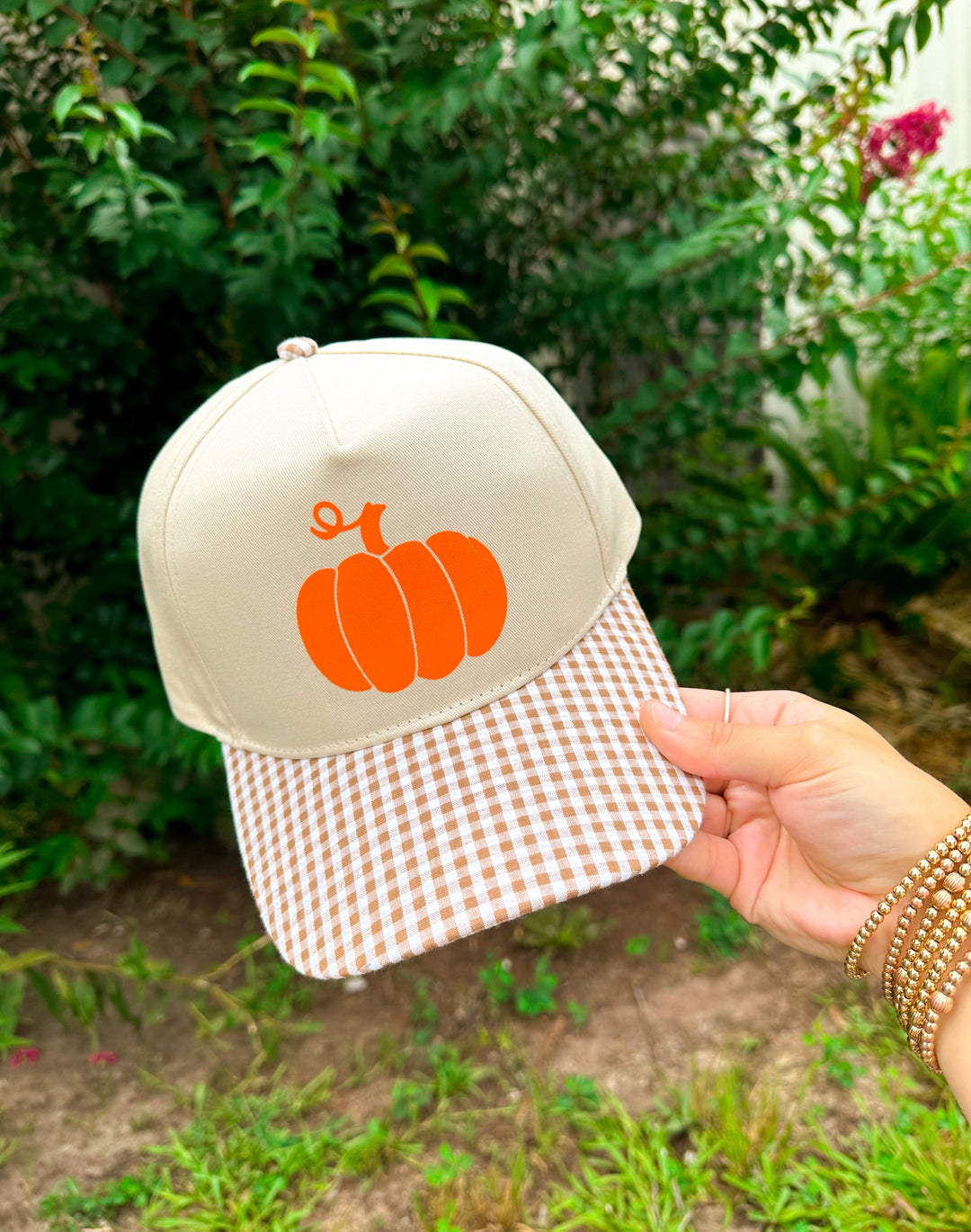 Orange Pumpkin Khaki/Brown Checkered Trucker Hat