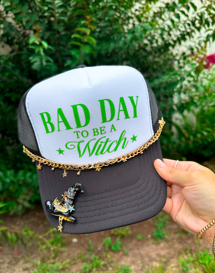 Bad Day To Be A Witch (green font) White/Black Trucker Hat