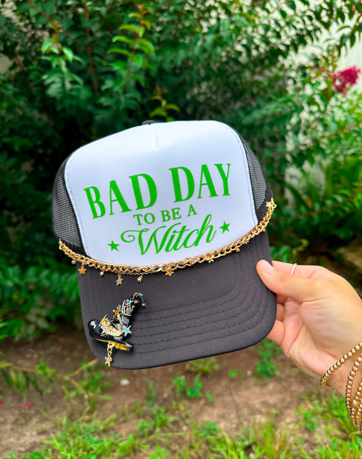 Bad Day To Be A Witch (green font) White/Black Trucker Hat