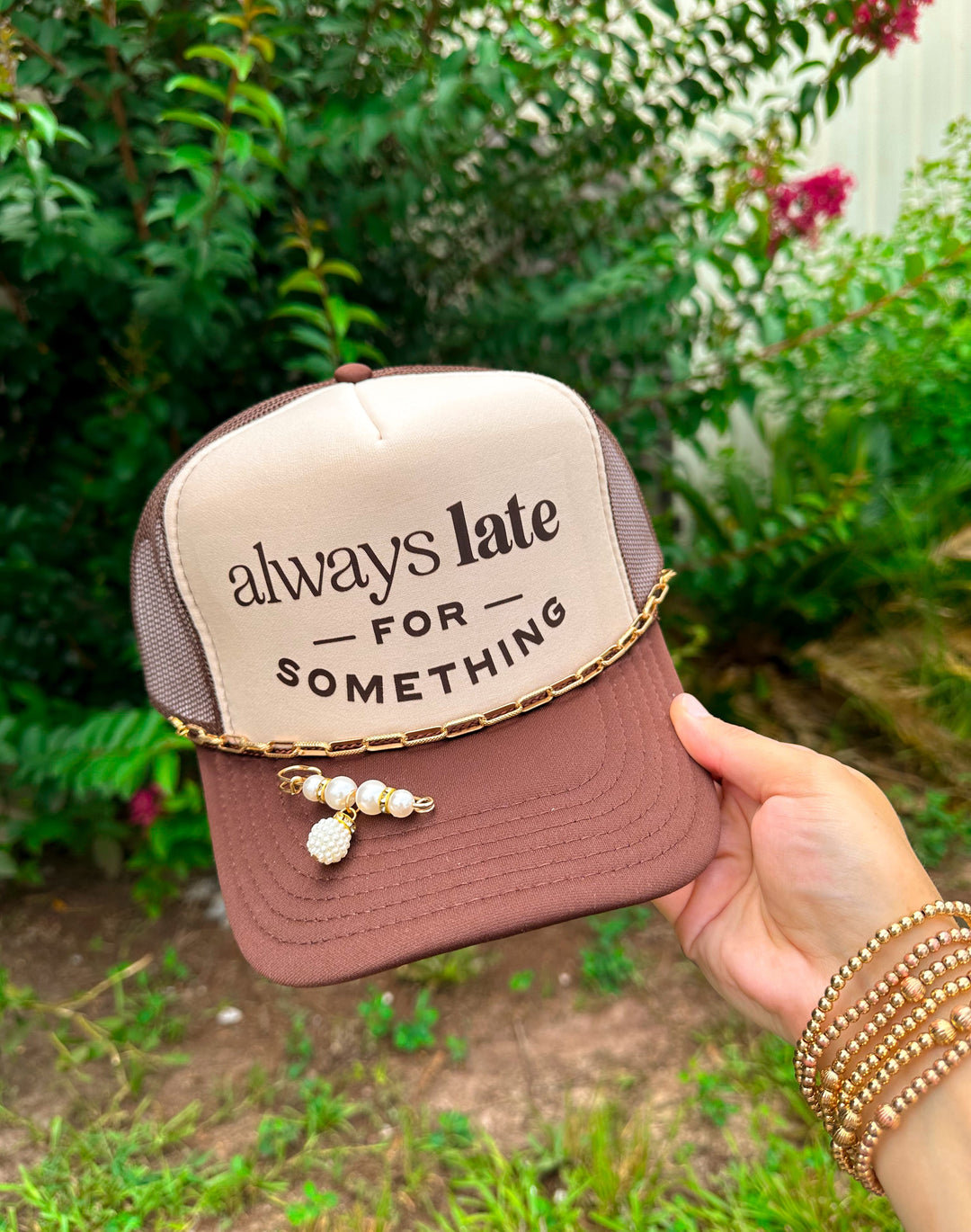 Always Late For Something Tan/Brown Trucker Hat