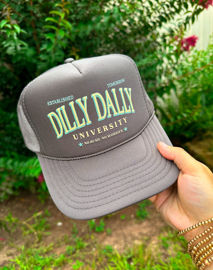 Dilly Dally University (jade font) Grey Trucker Hat
