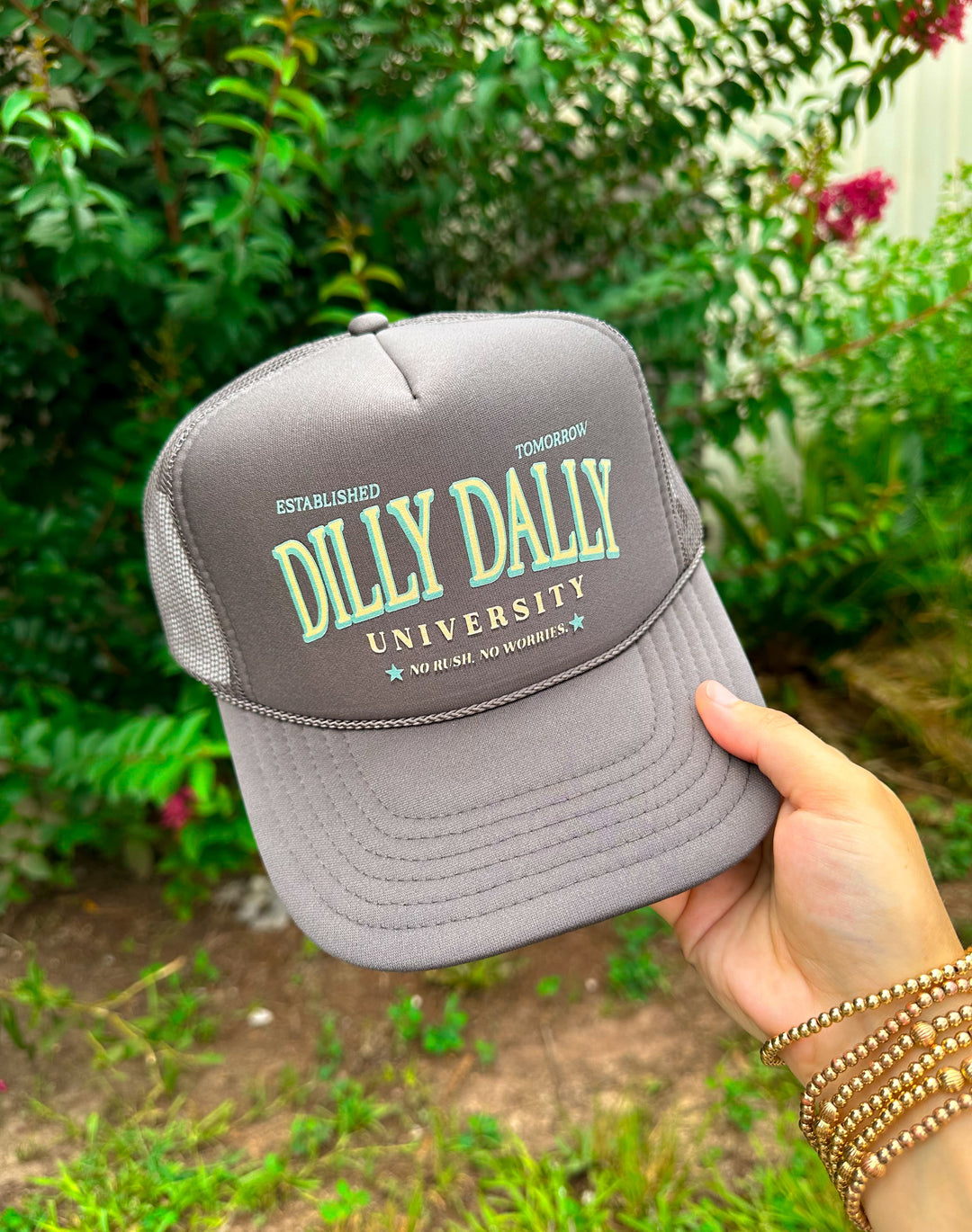 Dilly Dally University (jade font) Grey Trucker Hat