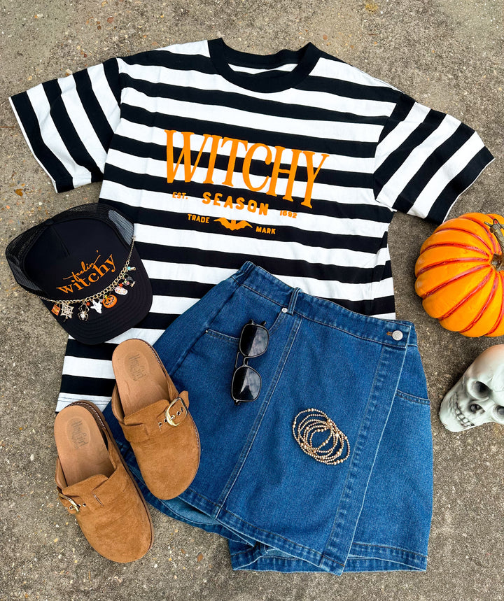 Witchy Season White/Black Stripe Heavy Tee