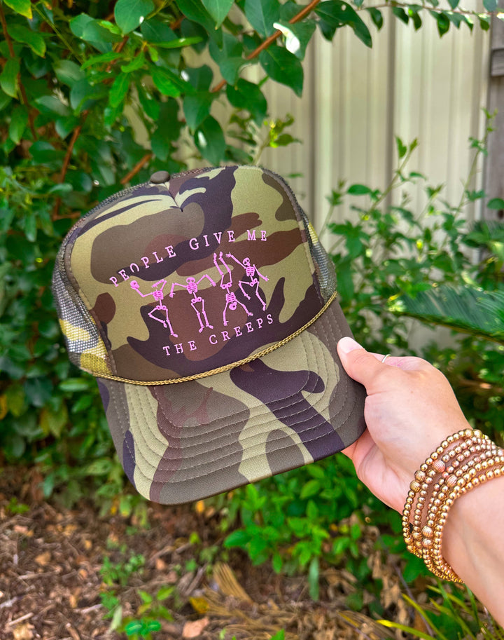 People Give Me The Creeps Skelly Full Camo Trucker