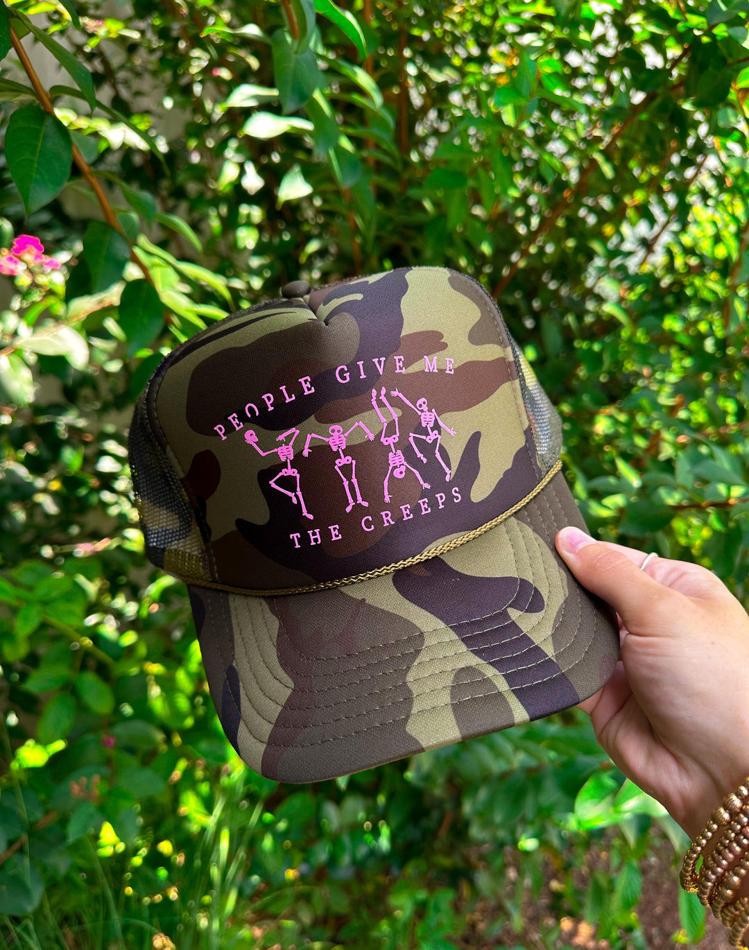 People Give Me The Creeps Skelly Full Camo Trucker