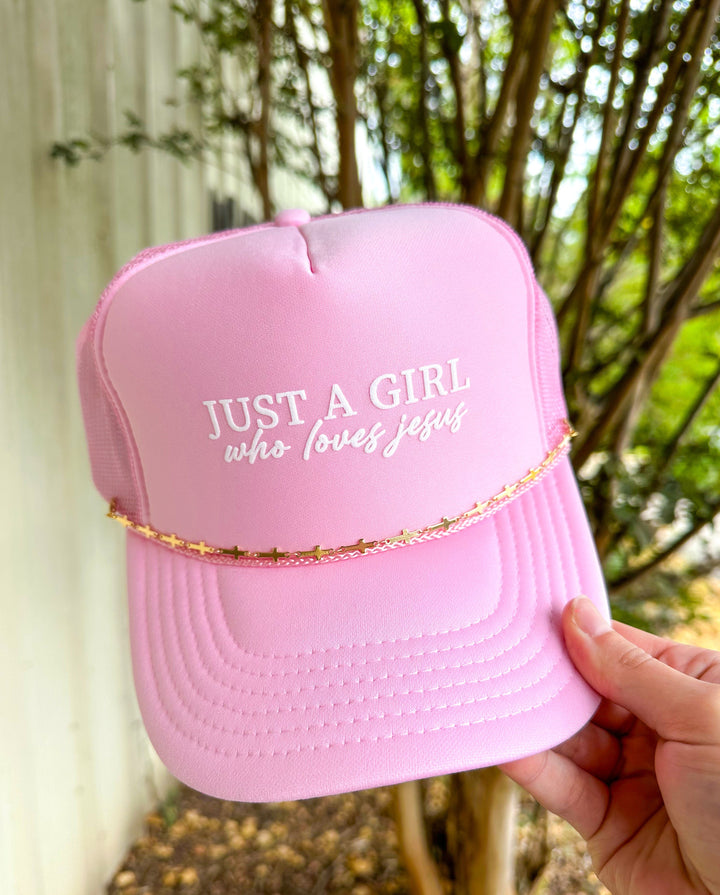 Just A Girl Who Loves Jesus Light Pink Trucker
